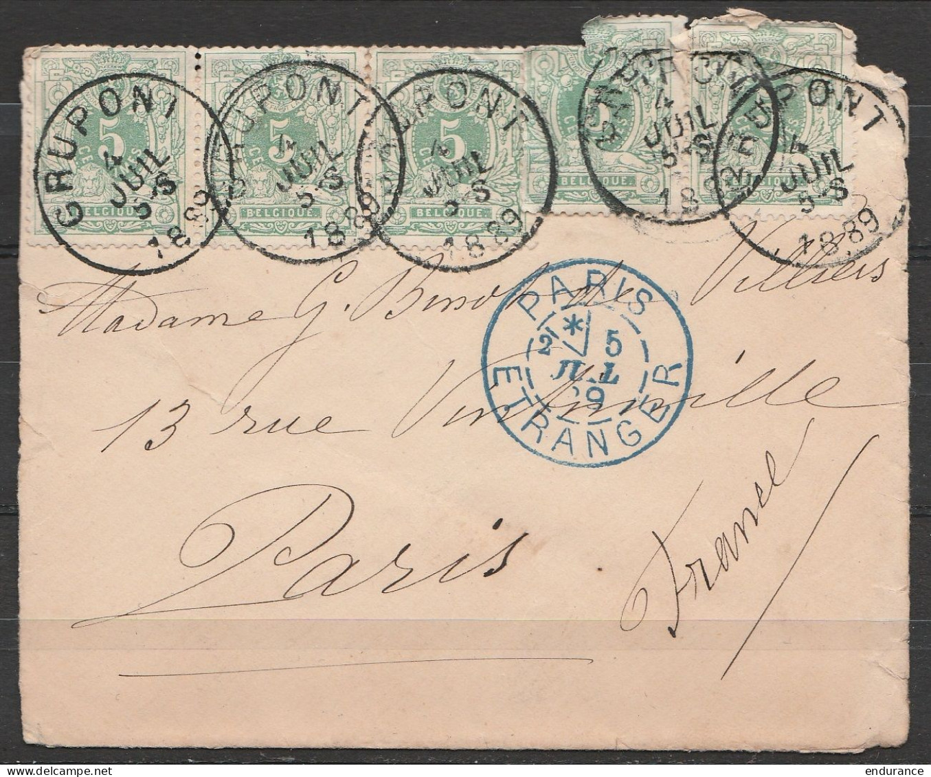 L. Affr. N°45x5 Càd GRUPONT /4 JUIL 1889 Pour PARIS - Càd "PARIS /5 JUIL 1889/ETRANGER" - 1869-1888 Leone Coricato