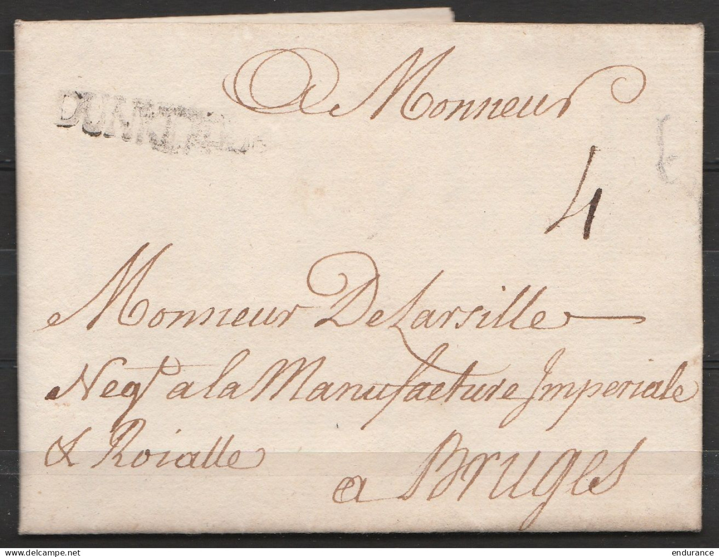 L. Datée 2 Mai 1761 De DUNKERQUE Pour BRUGES - Griffe "DUNKERKE" - Port 4 - 1714-1794 (Paises Bajos Austriacos)