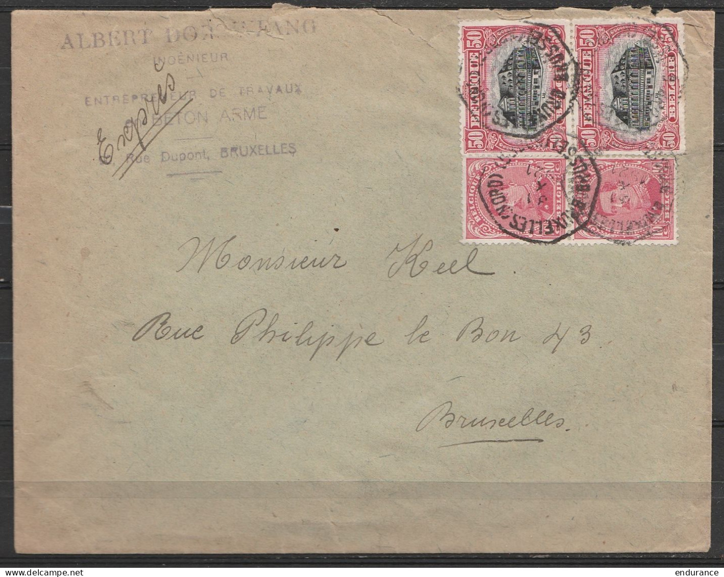 L. Express Affr. N°138x2+144x2 Càd Octogon. BRUXELLES (NORD)/31 X 1921 Pour BRUXELLES - 1915-1920 Albert I.