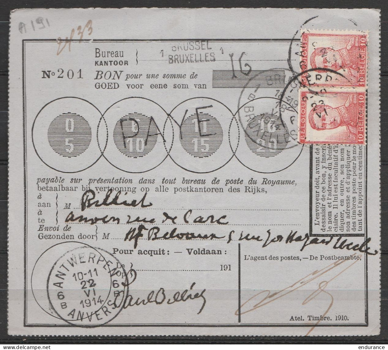 Mandat De 16f Càd BRUXELLES 1B/18 VI 1914 - Affr. N°111x2 Càd ANTWERPEN /22 VI 1914 - 1912 Pellens