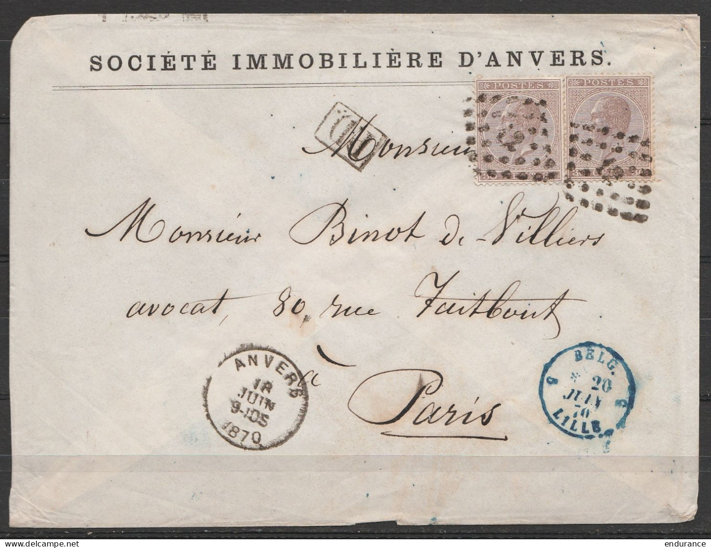 L. Entête Soc. Immobilière Affr. N°19 X2 Lpts 12 Càd ANVERS /18 JUIN 1870 Pour PARIS - Càd "BELG. 5 VALnes" & [P.D.] (au - 1865-1866 Profile Left