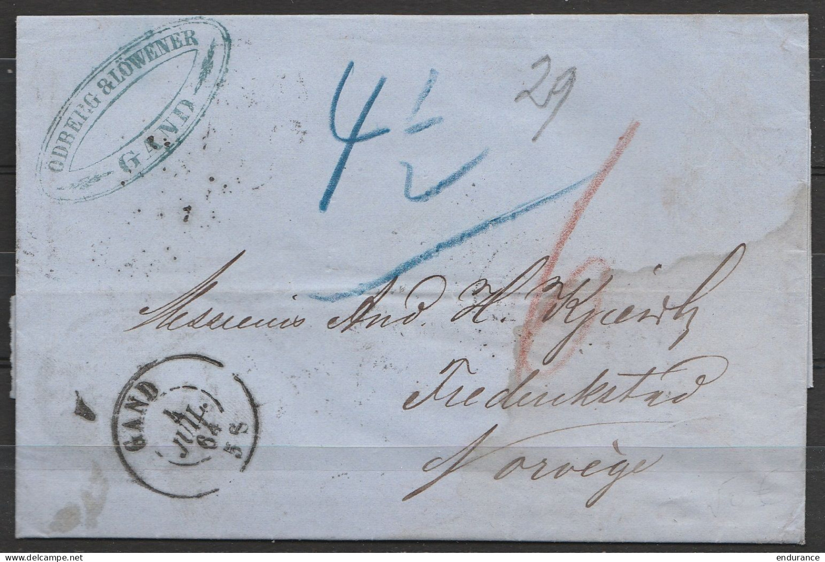 L. Datée 4 Juillet 1864 De GENT Pour FREDRICKSTAD (Norvège) Càd GAND /4 JUIL 1864 - Port 4 1/2 (au Dos: Càd Passage LUEB - 1830-1849 (Belgio Indipendente)