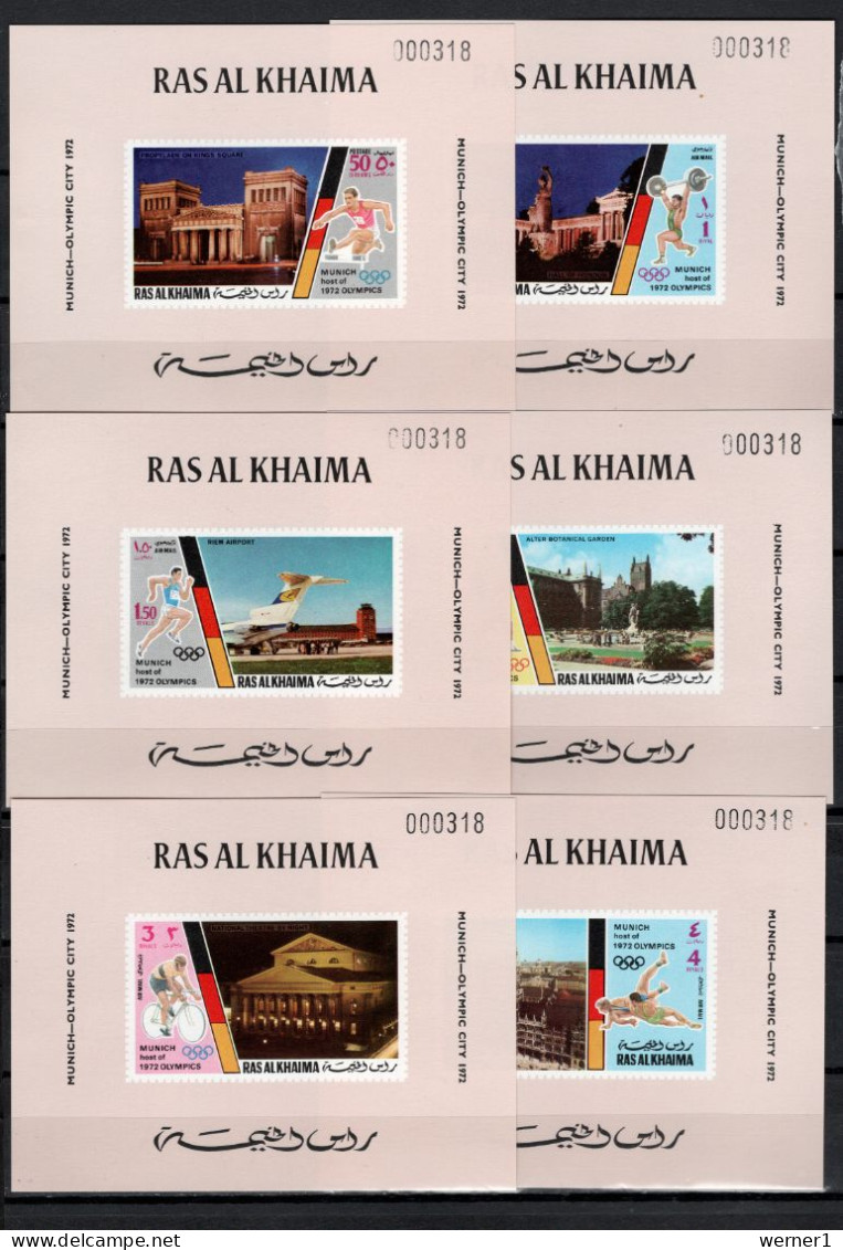 Ras Al Khaima 1972 Olympic Games Munich, Cycling, Wrestling, Athletics Etc. Set Of 6 S/s Imperf. Pink Background MNH - Summer 1972: Munich