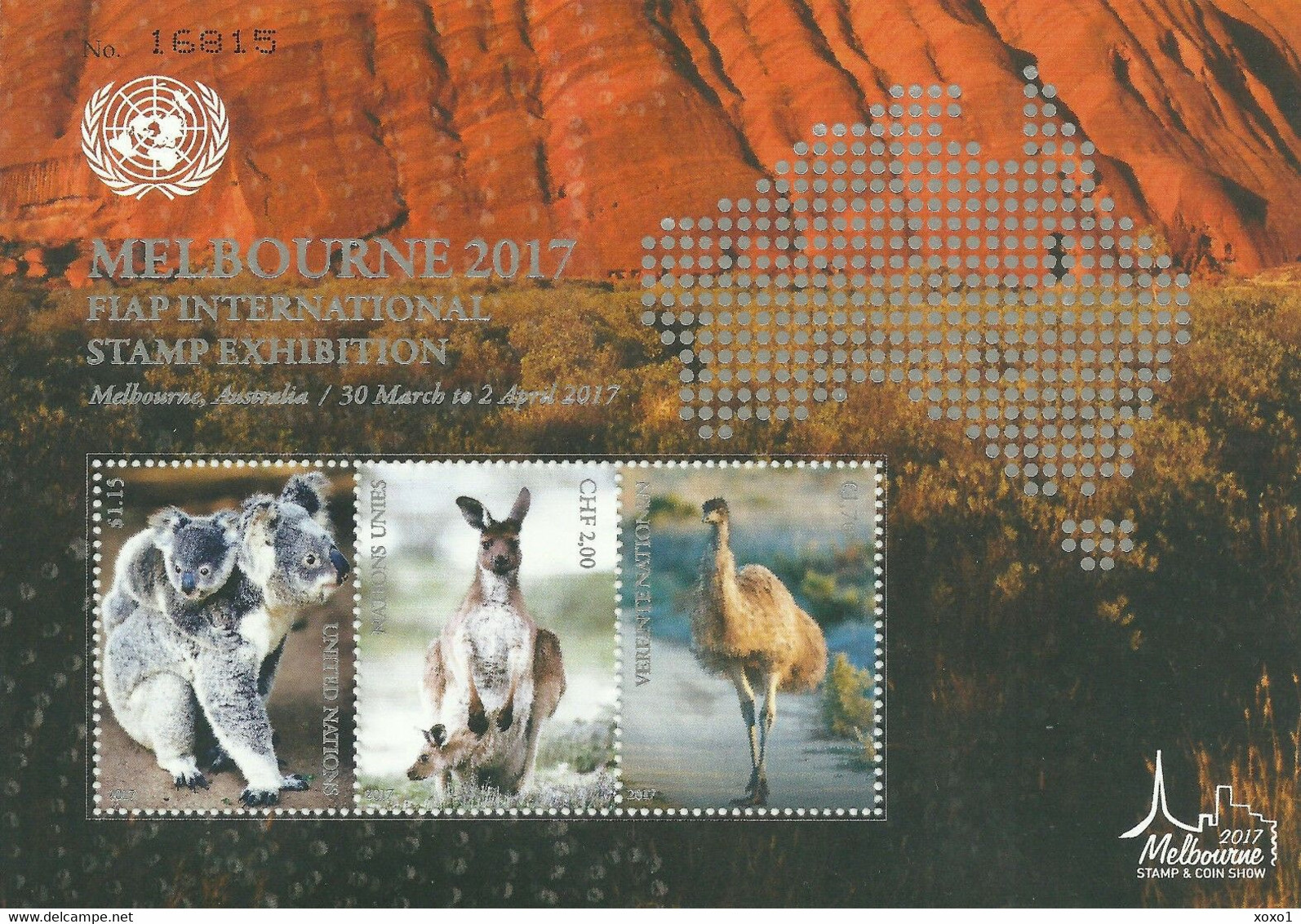 United Nations 2015 Animals Birds Stamp Exhibition  Melbourne  Joint Issues S\sh MNH** 13,00 € - New York/Geneva/Vienna Joint Issues