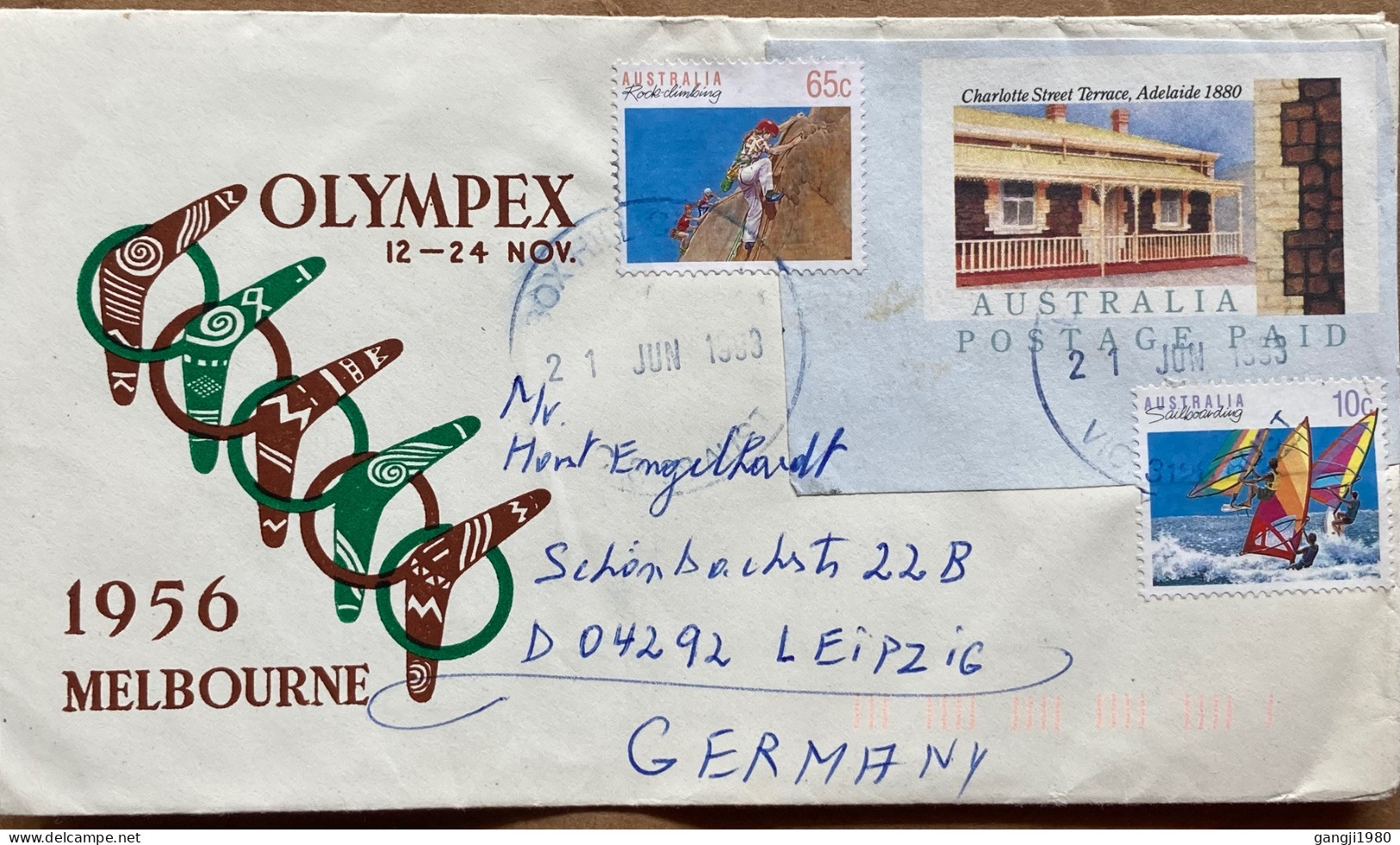 AUSTRALIA 1993, COVER USED TO GERMANY, STATIONERY CUT OUT, USED AS STAMP, 1956 OLYMPEX COVER, ROCK CLIMBING, SAIL BOARDI - Cartas & Documentos