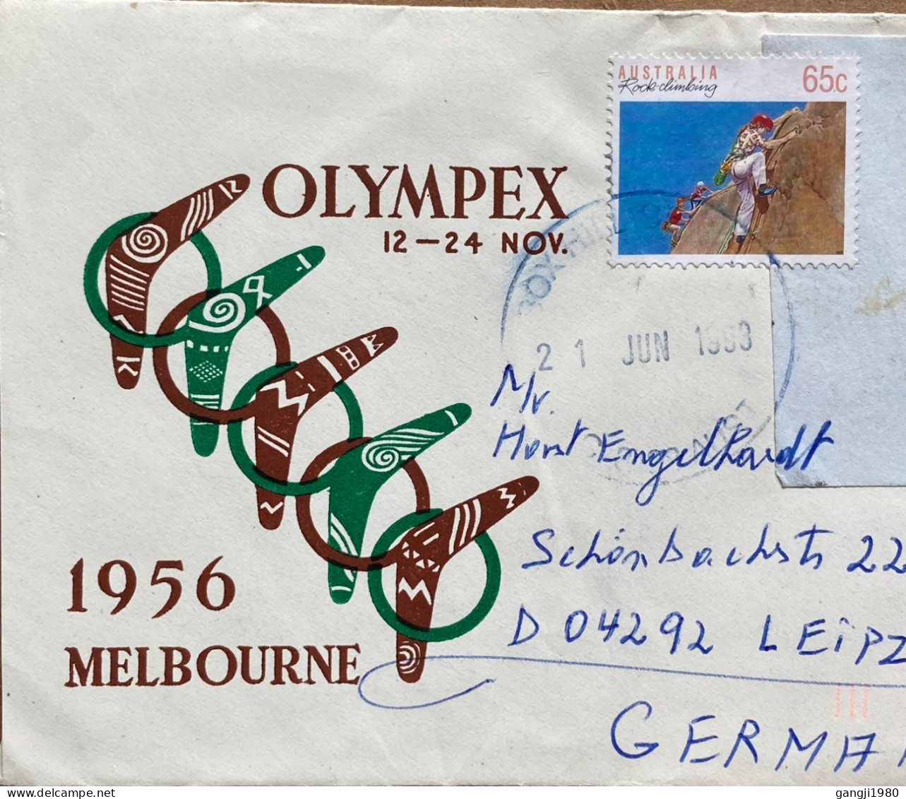 AUSTRALIA 1993, COVER USED TO GERMANY, STATIONERY CUT OUT, USED AS STAMP, 1956 OLYMPEX COVER, ROCK CLIMBING, SAIL BOARDI - Storia Postale