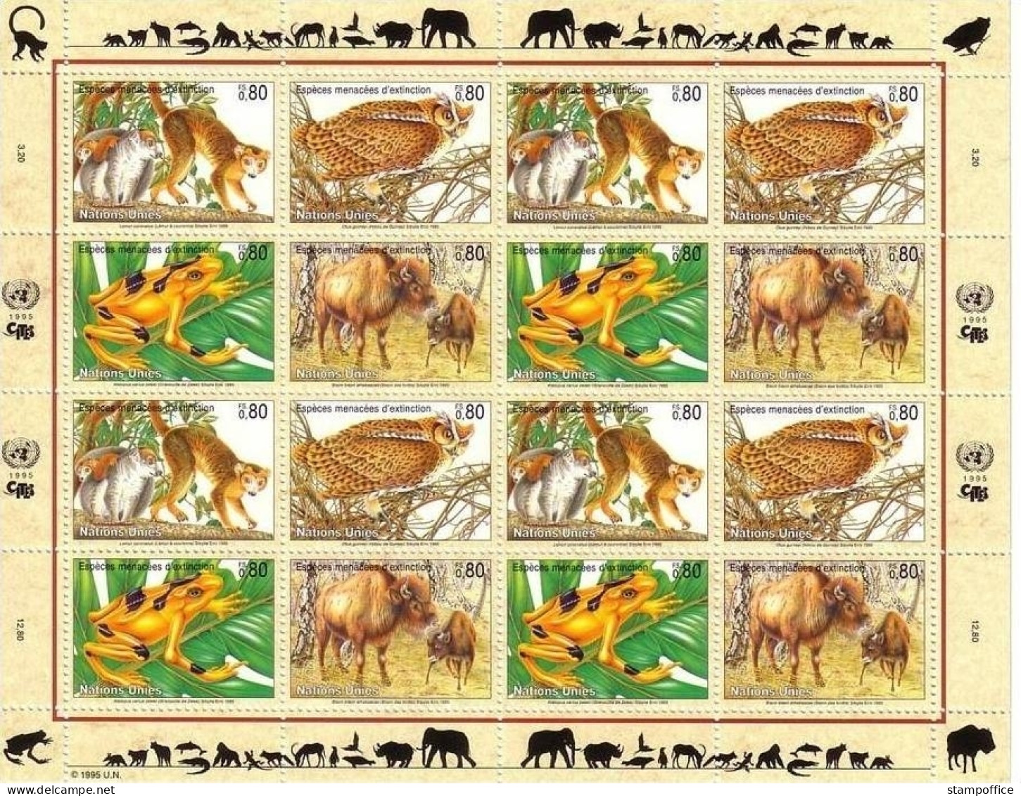 UNO GENF MI-NR. 263-266 POSTFRISCH(MINT) KLEINBOGEN GEFÄRDETE ARTEN(III) 1995 AFFE EULE FROSCH BISON - Hiboux & Chouettes