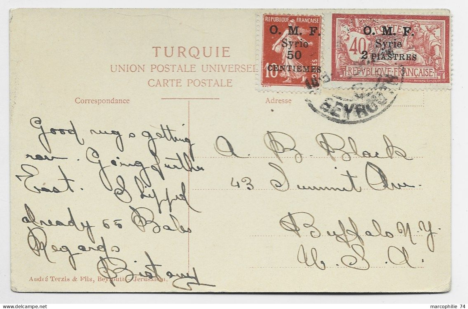 MERSON OMF SYRIE SYRIA + SEMEUSE CARTE  DAMAS OBL BEYROUTH POUR USA - 1900-27 Merson