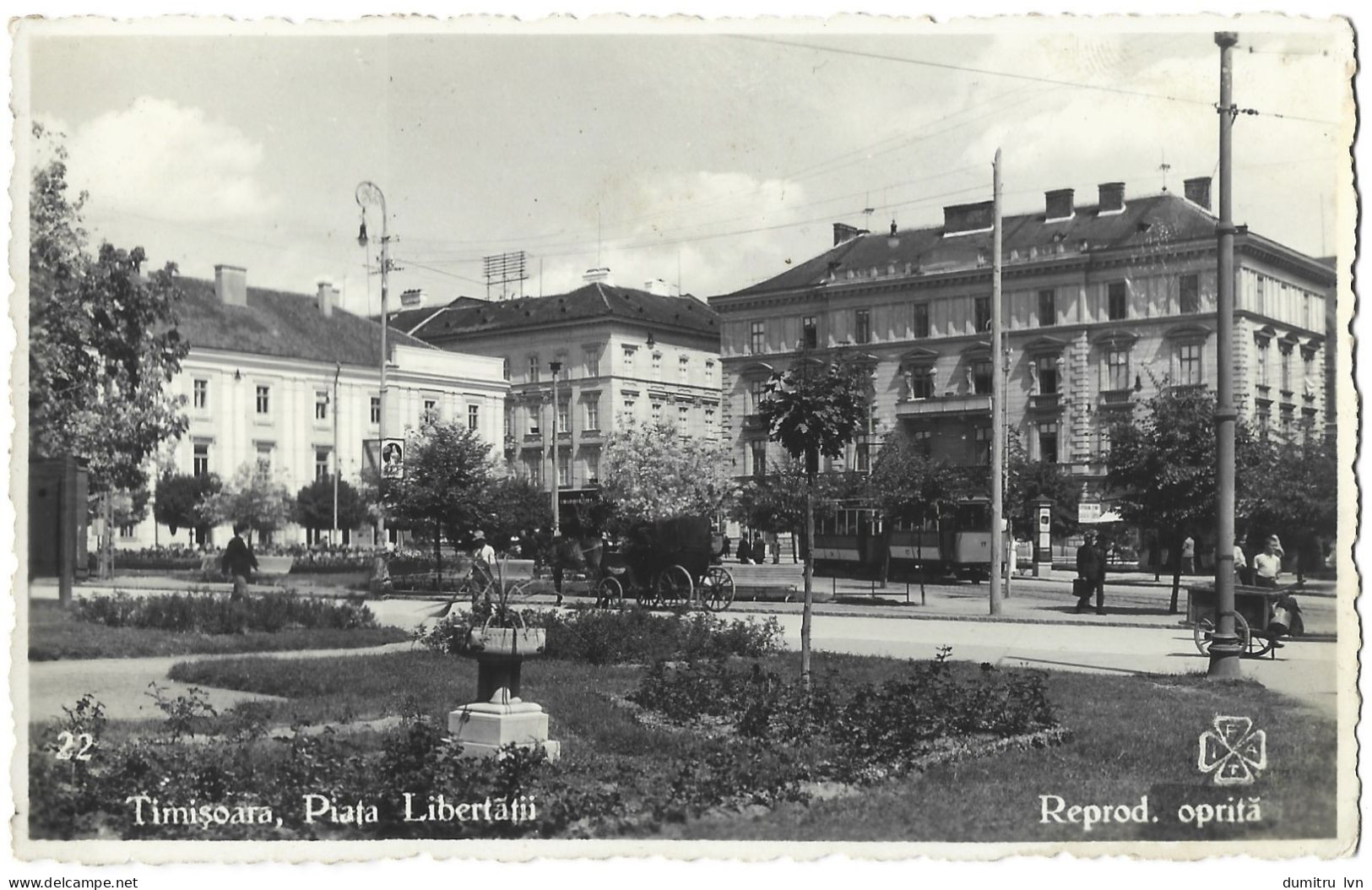 ROMANIA 1939 TIMISOARA - THE LIBERTY SQUARE, HORSE DRAWN CARRIAGRE, TRAM, PEOPLE, PARK, BUILDINGS, ARCHITECTURE - Rumänien