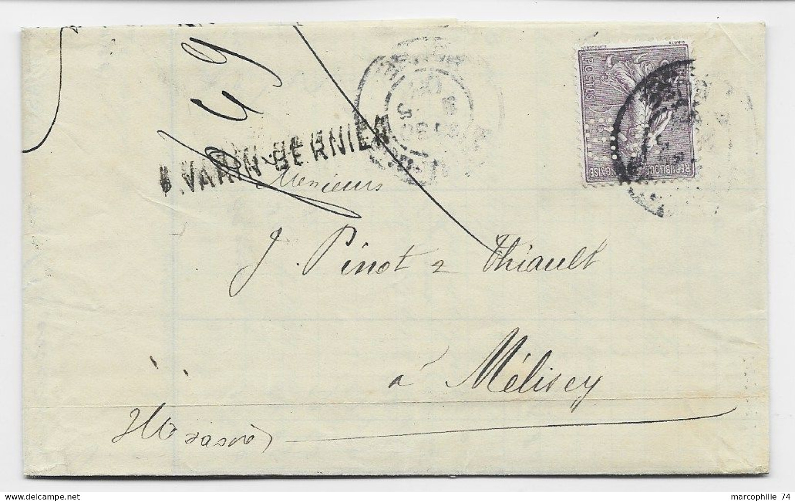 FRANCE N° 133 PERFORE PERFIN  V.B LETTRE VARIN BERNIER BAR LE DUC 1905 - 1903-60 Sower - Ligned