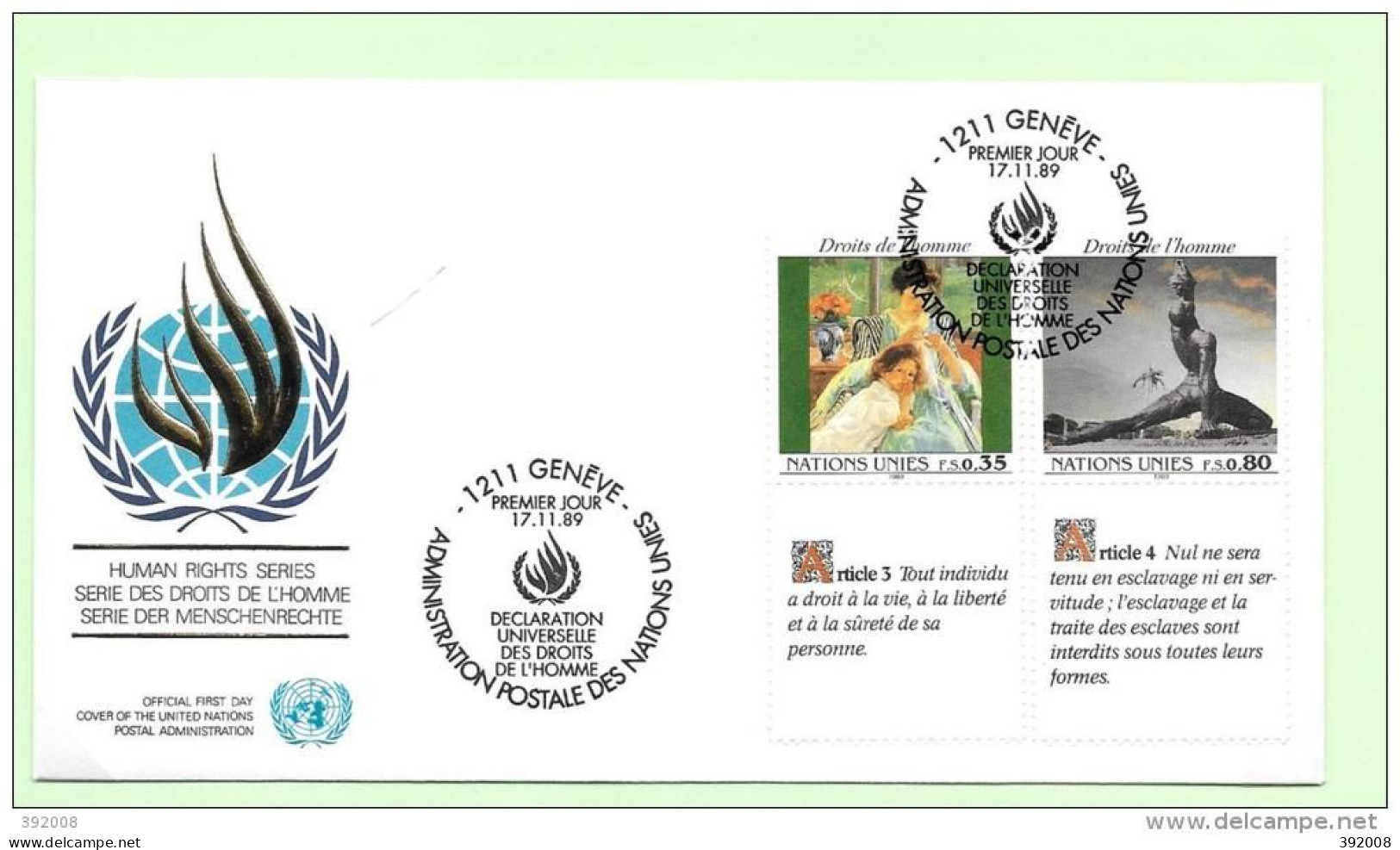 1989 - 180 + 183 - Déclaration Universelle Des Droits De L'homme - 14 - FDC