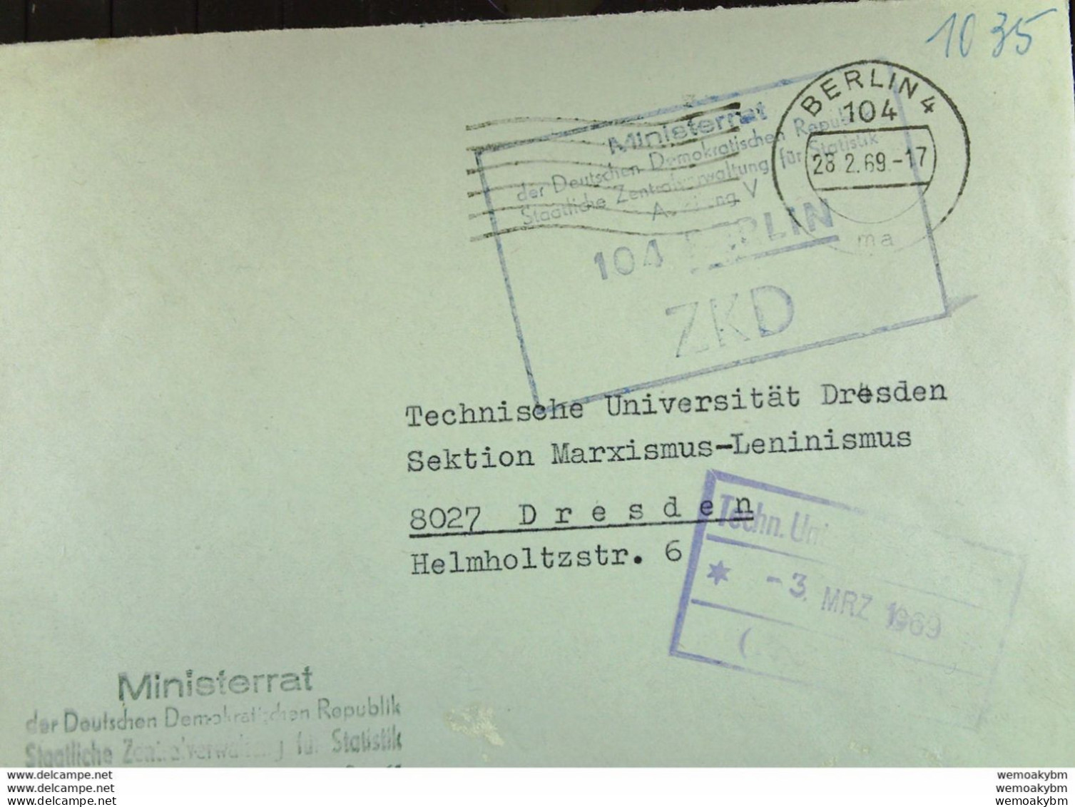 Fern-Brief Mit ZKD-Kastenstpl "Ministerrat Der DDR Staatl. Zentralverwaltung Für Statistik Abteilg V 104 Berlin" 28.2.69 - Briefe U. Dokumente