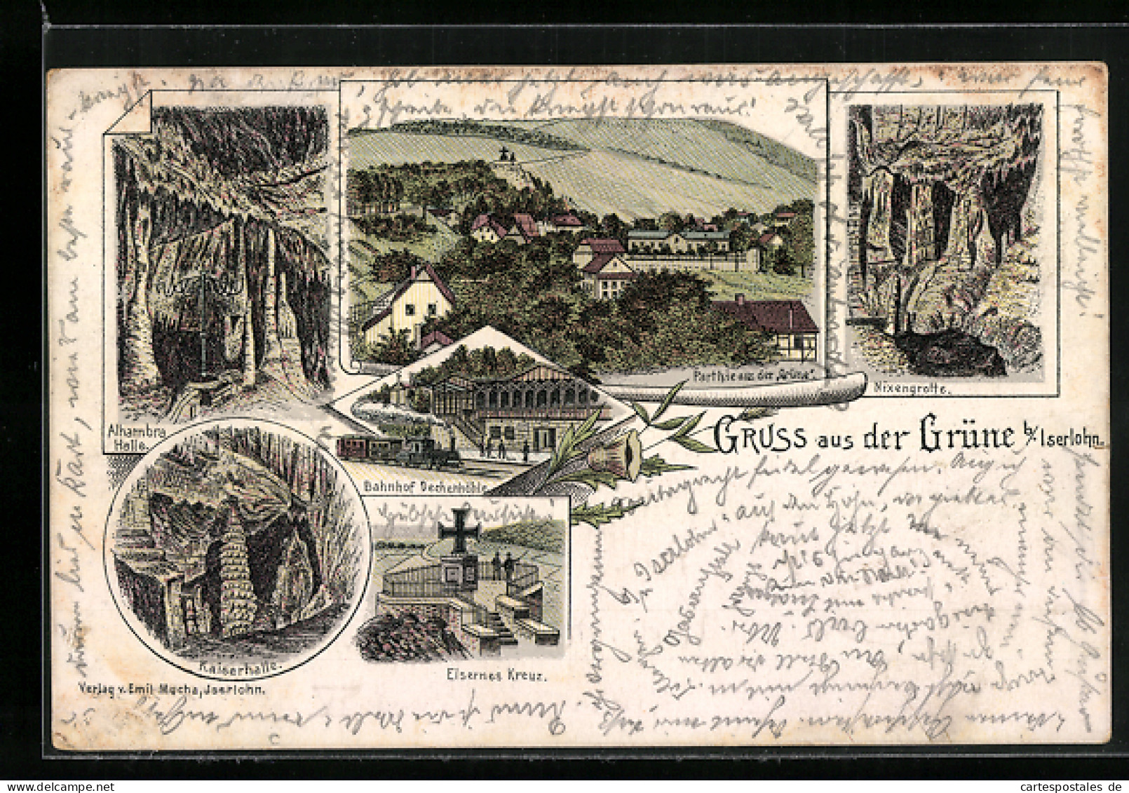 Lithographie Grüne B. Iserlohn, Bahnhof Dechenhöhle, Eisernes Kreuz, Kaiserhalle  - Iserlohn