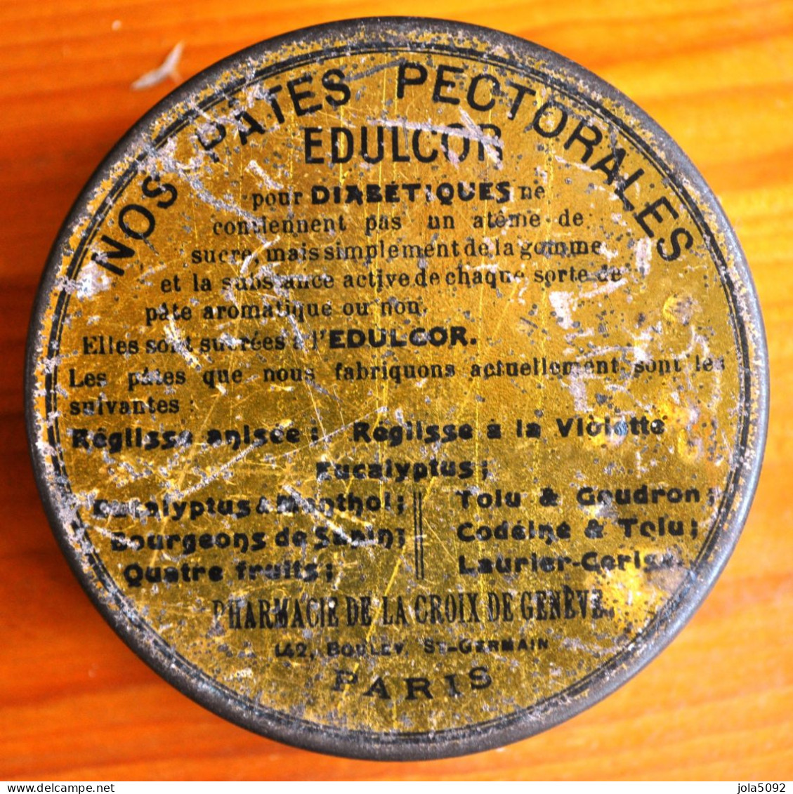 Ancienne Boite En Tôle Lithographiée Pâte Pectorale EDULOR - Pharmacie De La Croix De Genève - PARIS - Boxes