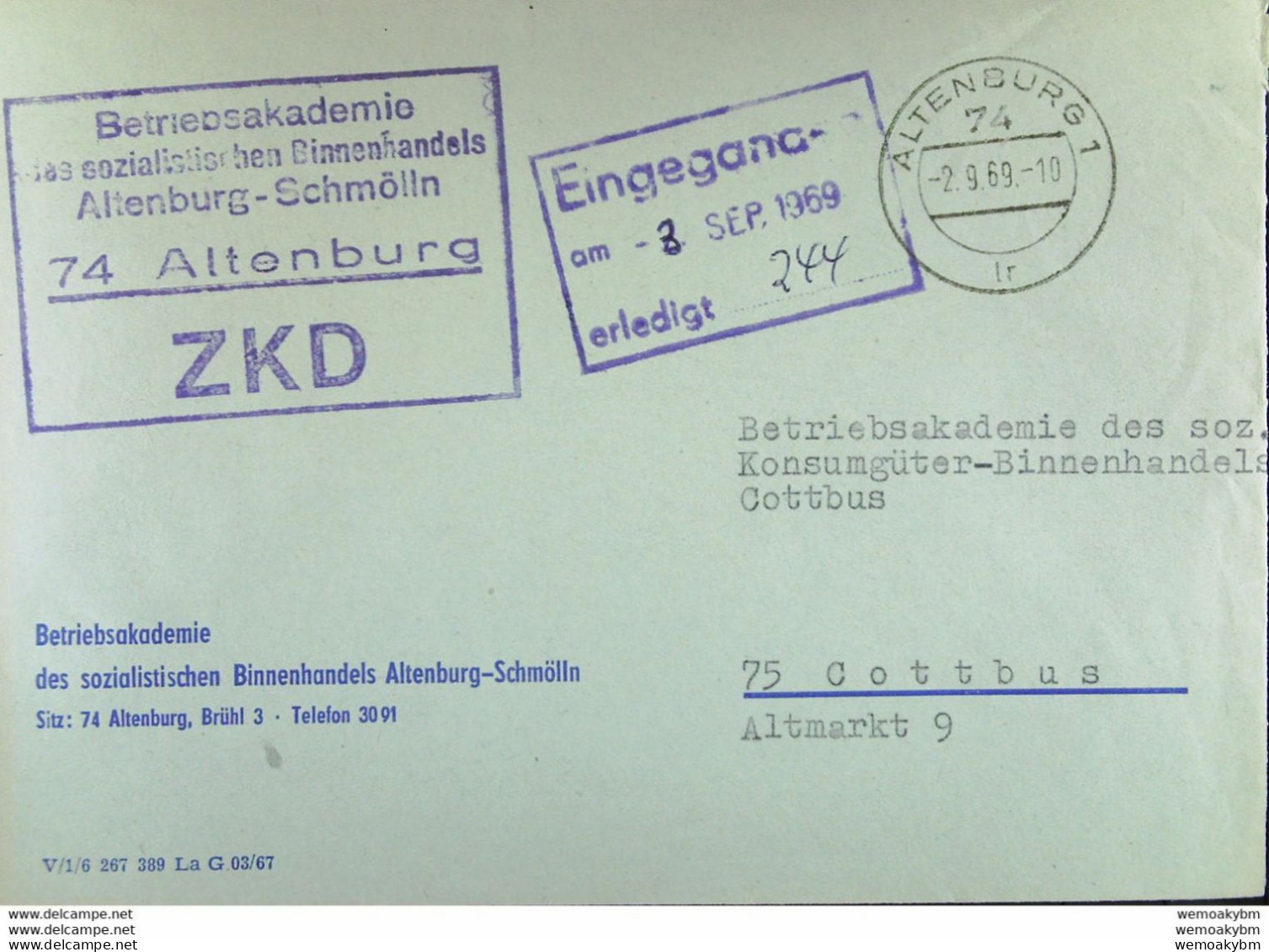 Fern-Brief Mit ZKD-Kastenstpl "Betriebsakademie Des Sozialistischen Binnenhandels Altenburg-Schmölln" Vom 2.9.69 Mit ... - Brieven En Documenten