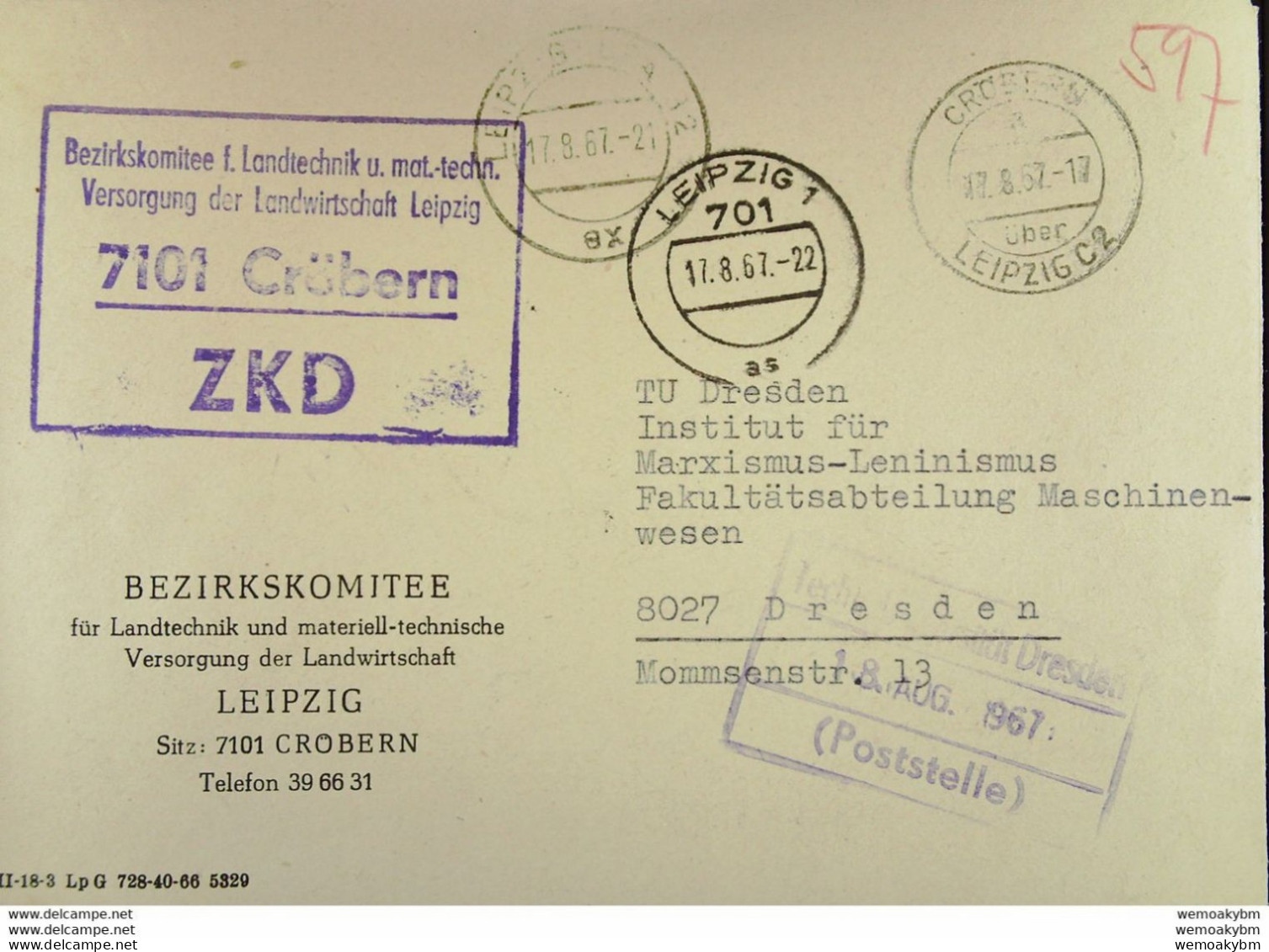 Fern-Brf Mit ZKD-Kastenstpl "Bezirkskomitee F. Landtechnik U. Mat.-techn. Versorgung Der Landwirtschaft Cröbern" 17.8.67 - Lettres & Documents