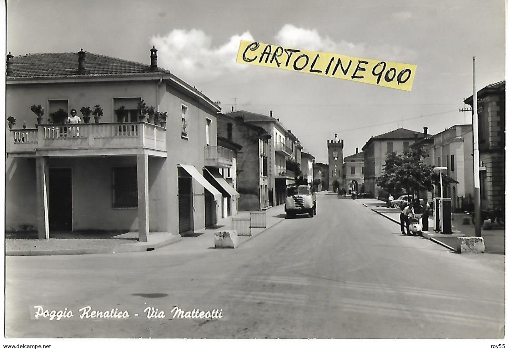 Emilia Romagna-ferrara-poggio Renatico Via Matteotti Veduta Via Case Benzinaio Vespa Camion Animata Anni 60 - Sonstige & Ohne Zuordnung