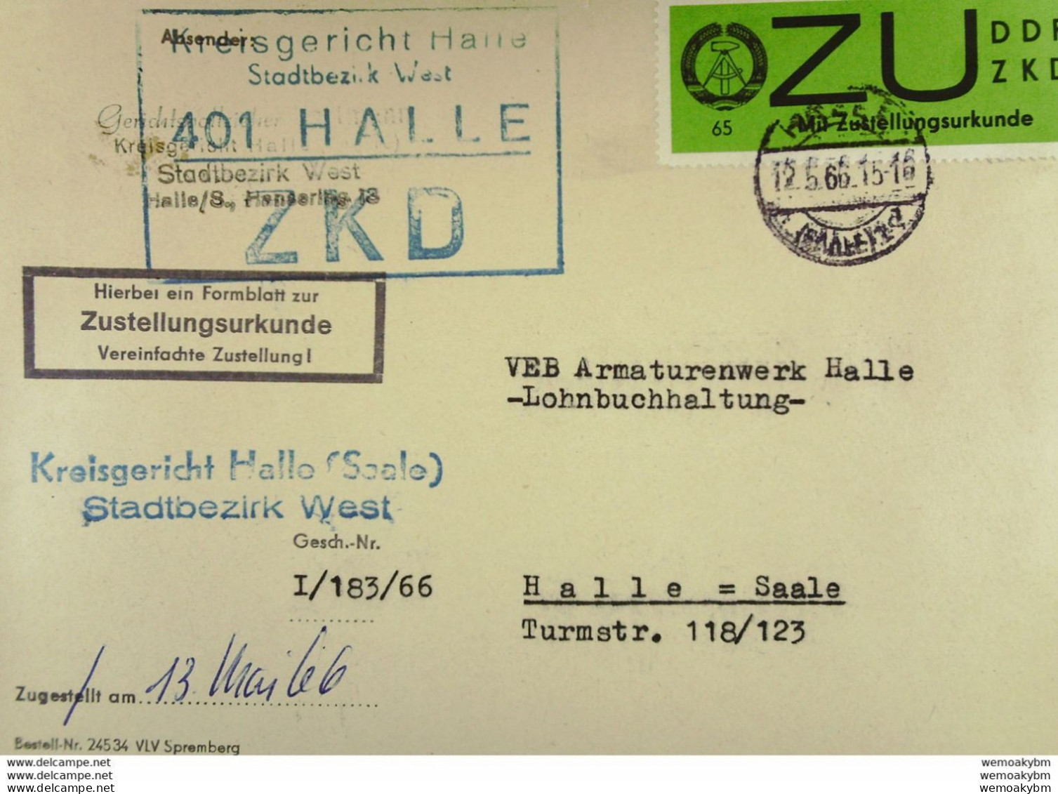 DDR-Dienst Orts-Brief Mit ZU-Aufkleber U ZKD-KastenStpl. Vom Kreisgericht 401 Halle Stadtbezirk West V 12.5.66 Knr: E 2x - Covers & Documents