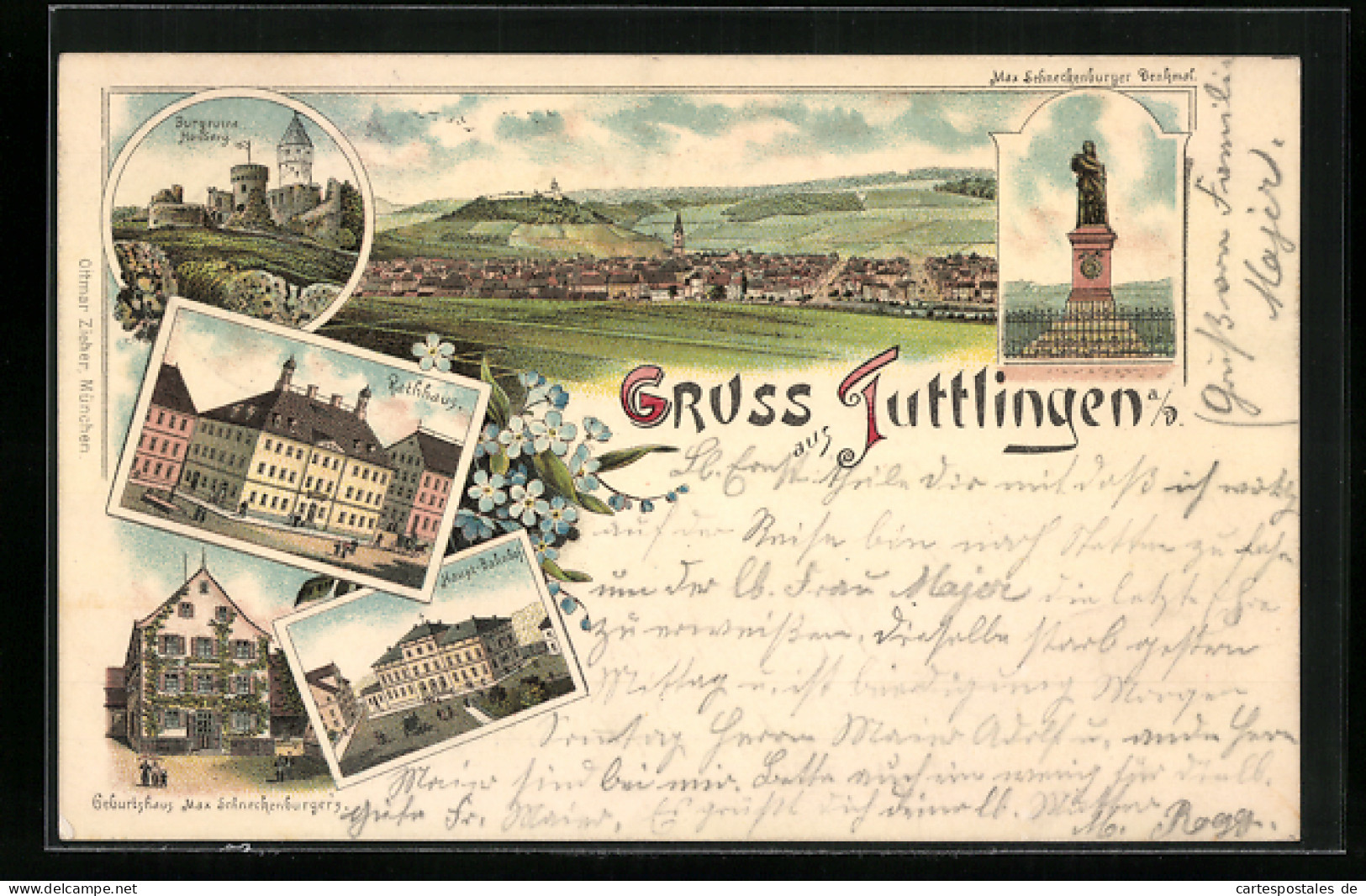 Lithographie Tuttlingen, Hauptbahnhof, Geburtshaus Max Schneckenburger, Burgruine Honberg  - Tuttlingen