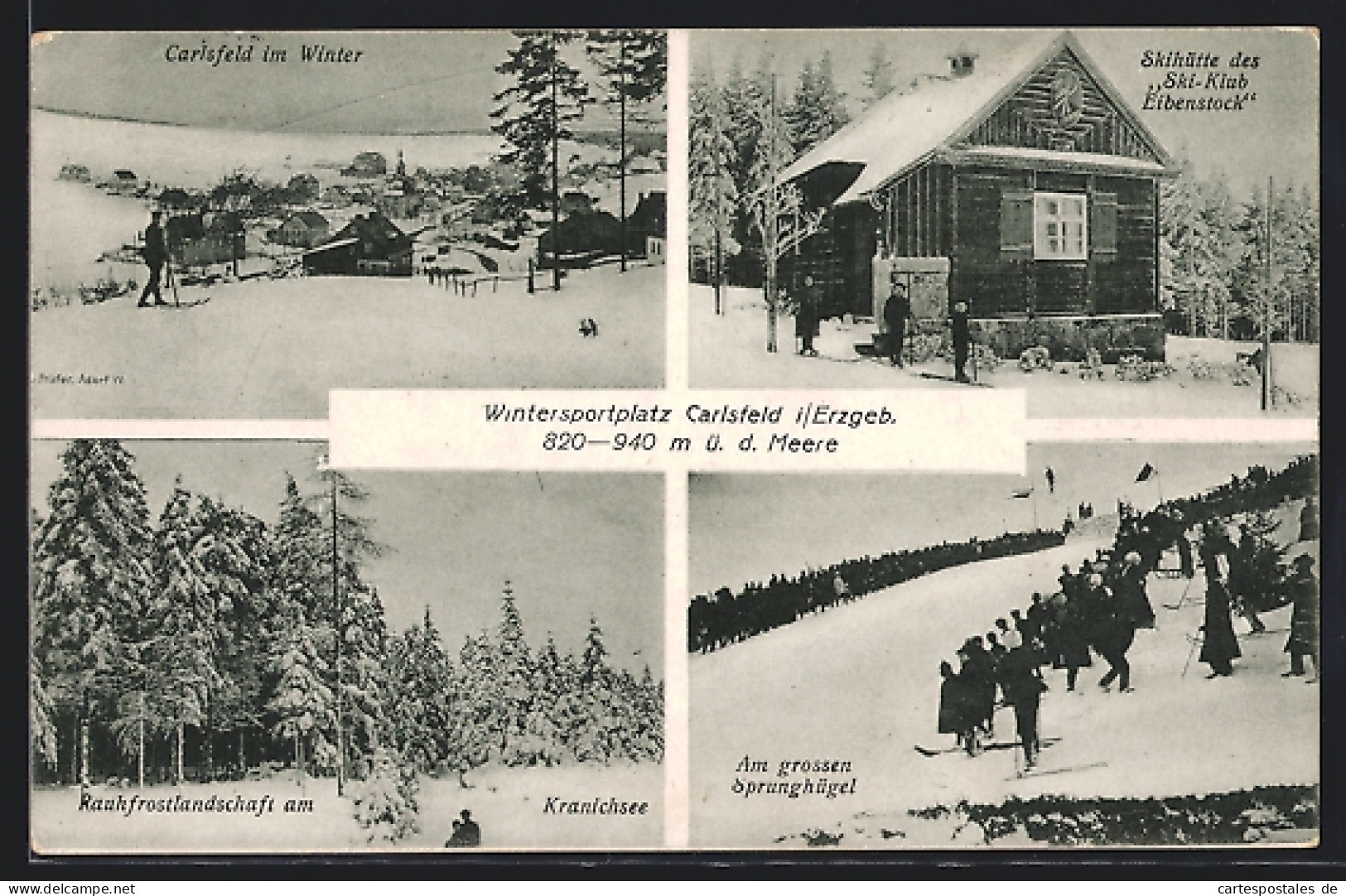 AK Carlsfeld, Skihütte Des Ski-Klub Eibenstock, Rauhfrostlandschaft Am Kranichsee, Leute Am Grossen Sprunghügel  - Eibenstock