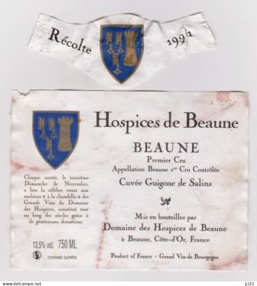 Etiquette Et Collerette HOSPICES DE BEAUNE " BEAUNE 1er Cru- Cuvée Guigone De Salins 1991 " (2916)_ev477 - Bourgogne