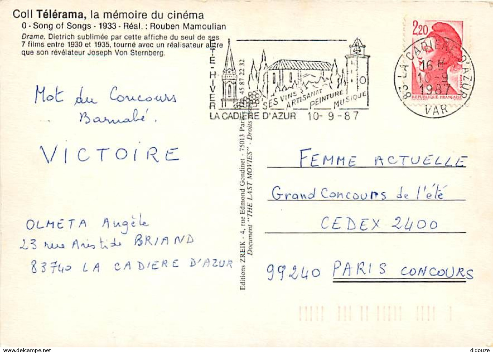 Cinema - Affiche De Film - Cantique D'Amour - Marlène Dietrich - CPM - Voir Scans Recto-Verso - Affiches Sur Carte