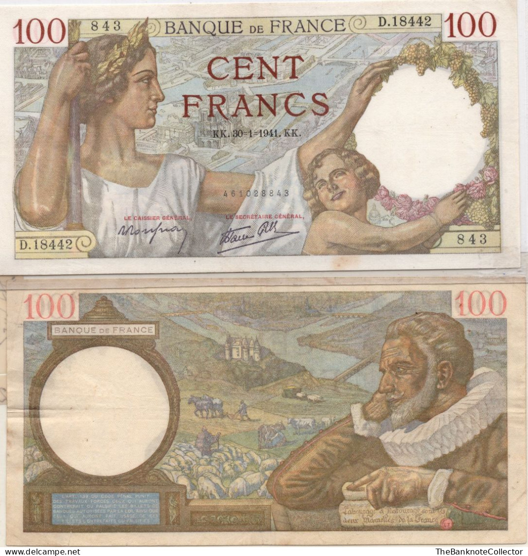 France 100 Francs 1943-1944 P-94 Very Fine NO Pinholes - 100 F 1939-1942 ''Sully''