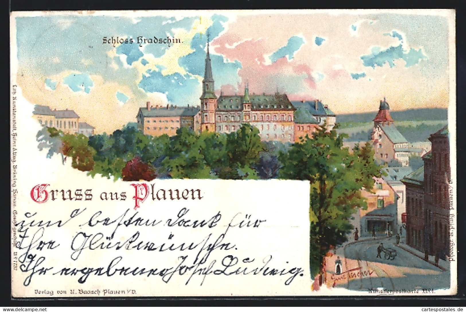 Lithographie Plauen, Teilansicht Mit Schloss Hradschin  - Plauen