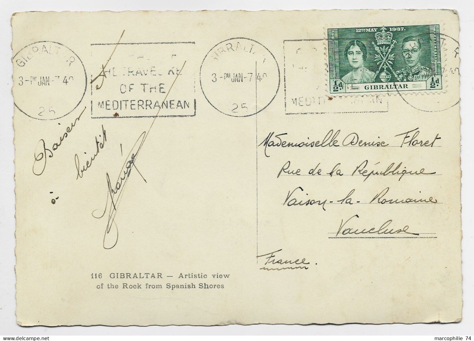 GIBRALTAR 1/2D GREEN QUEEN KING ENGLAND SOLO CARD GIBRALTAR 1940 TO FRANCE - Gibilterra