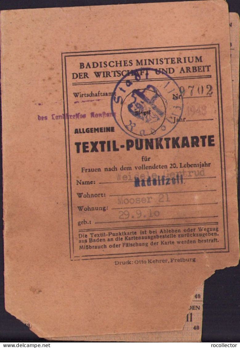 Allgemeine Textil-Punkkarte Für Frauen Nach Dem Vollendeten 20 Lebensjahr 1948 Radolfzell Germany Besatzungszone A2439N - Biglietti D'ingresso