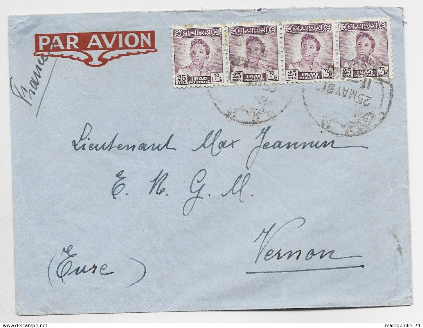 IRAQ  25FILS BANDE DE 4 LETTRE COVER AIR MAIL 1951 TO FRANCE - Irak