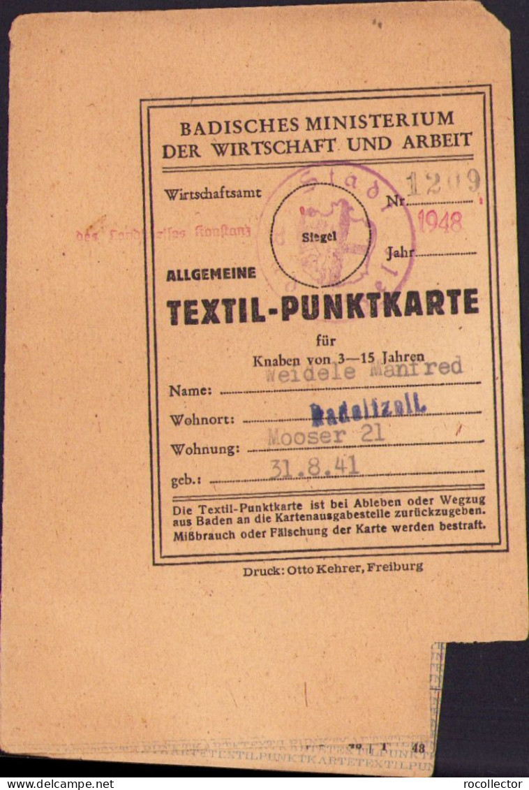 Allgemeine Textil-Punkkarte Für Knaben Von 3-15 Jahren 1948 Radolfzell Germany Besatzungszone A2440N - Biglietti D'ingresso