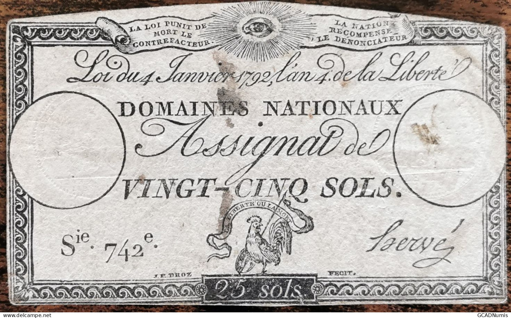 Assignat 25 Sols - 4 Janvier 1792 - Série 742 - Domaine Nationaux - Assignats & Mandats Territoriaux