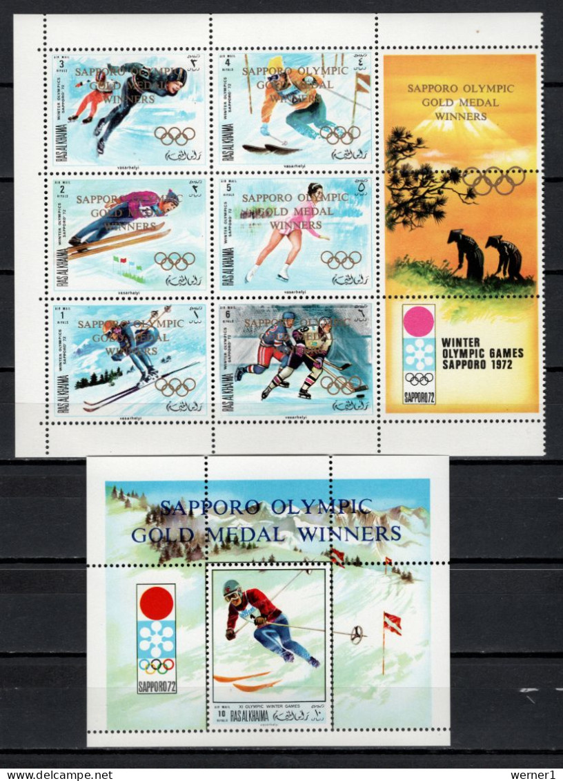 Ras Al Khaima 1972 Olympic Games Sapporo Block Of 6 + S/s With Winners Overprint In Gold Or Blue MNH - Winter 1972: Sapporo