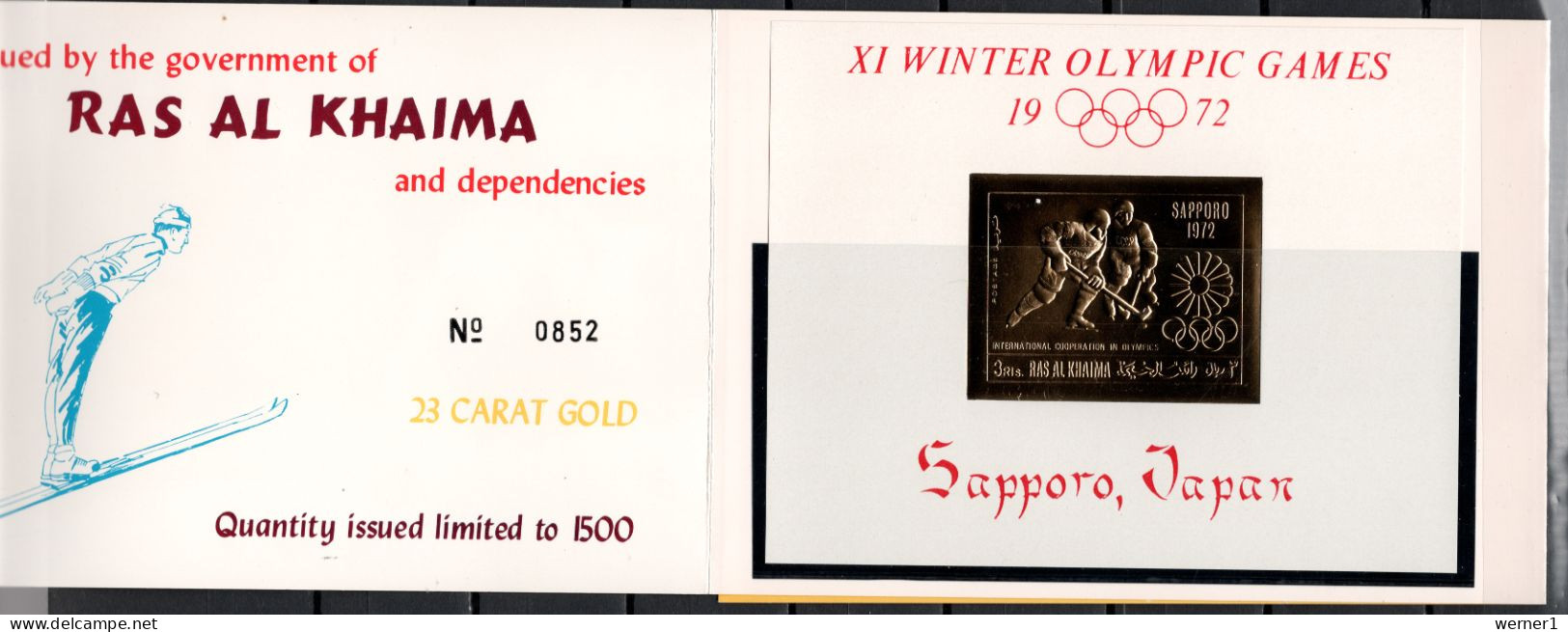 Ras Al Khaima 1970 Olympic Games Sapporo Gold S/s In Folder MNH - Invierno 1972: Sapporo