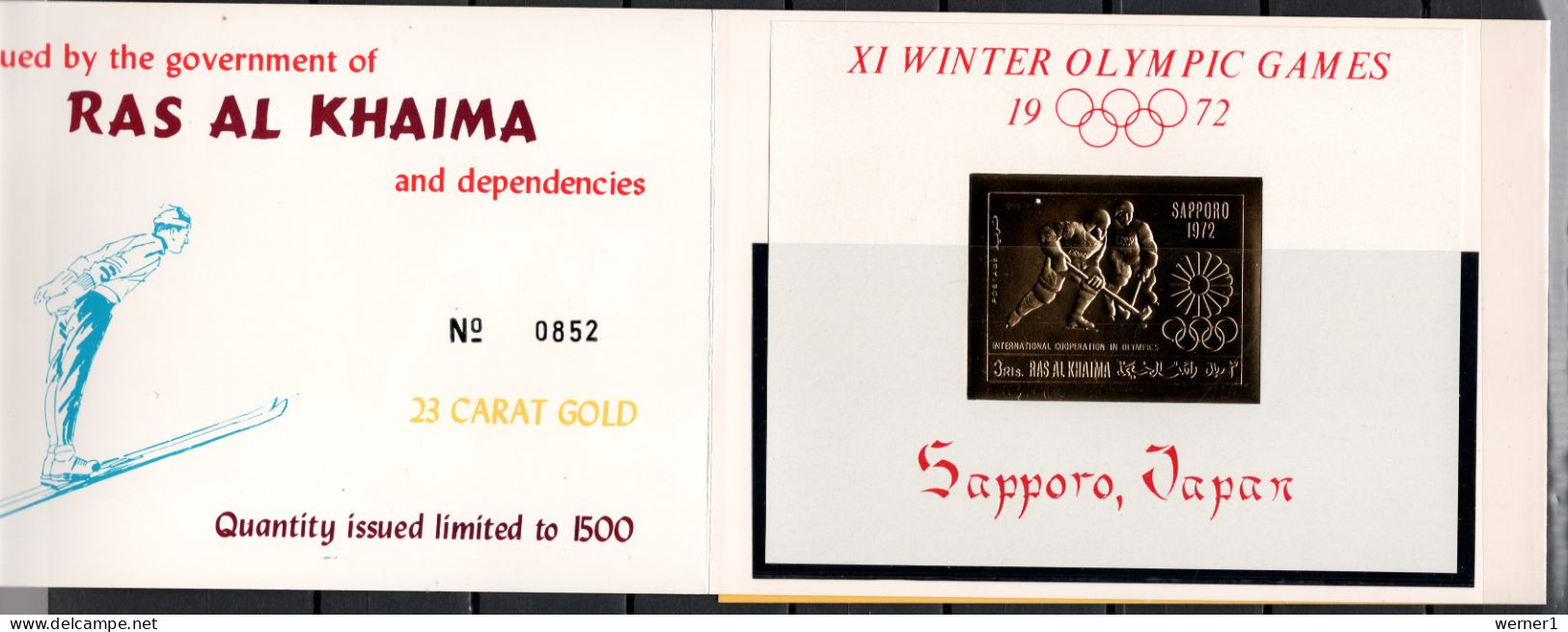 Ras Al Khaima 1970 Olympic Games Sapporo Gold S/s In Folder MNH - Winter 1972: Sapporo