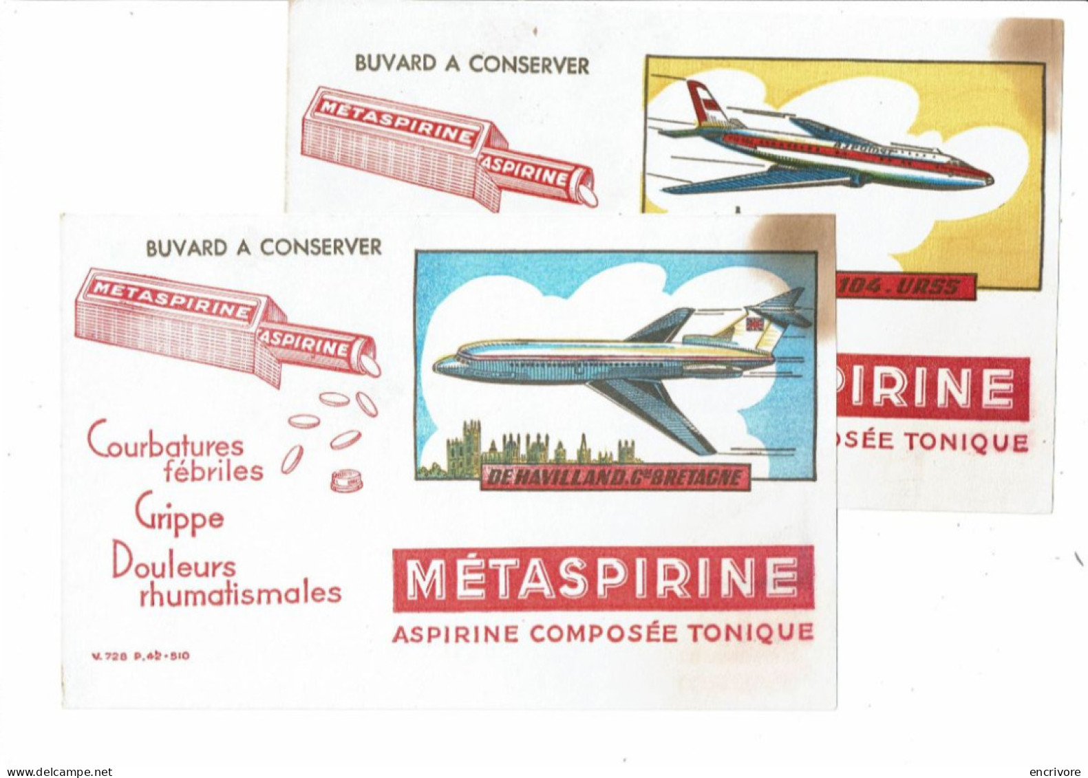 2 Buvard METASPIRINE Aviation Avion DE HAVILLAND Grande Bretagne TUPOLEV URSS - Produits Pharmaceutiques