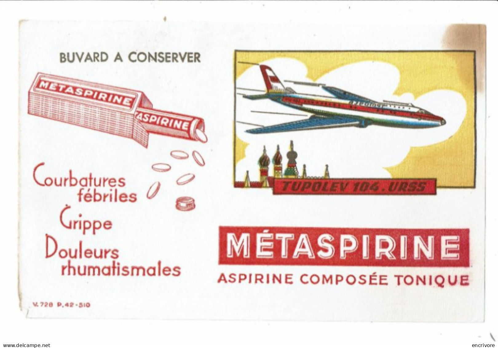 2 Buvard METASPIRINE Aviation Avion DE HAVILLAND Grande Bretagne TUPOLEV URSS - Chemist's