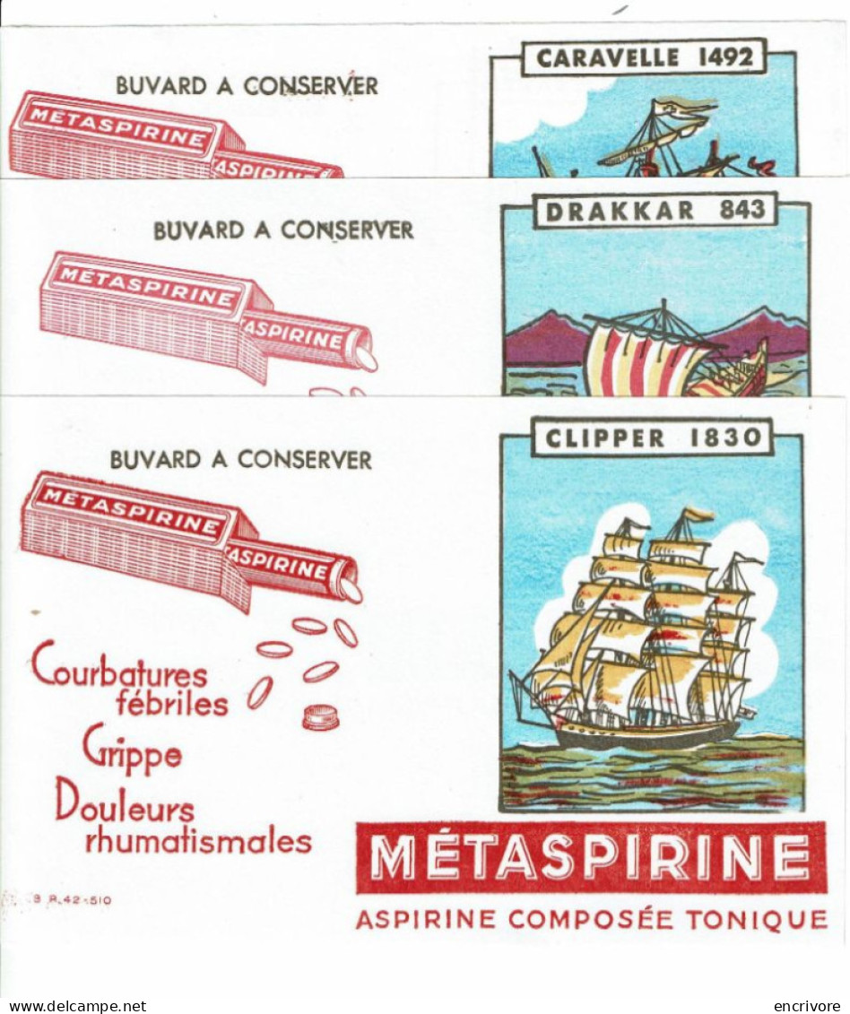 3 Buvard METASPIRINE Bateau Clipper 1830 Drakkar 843 Caravel 1492 - Drogisterij En Apotheek