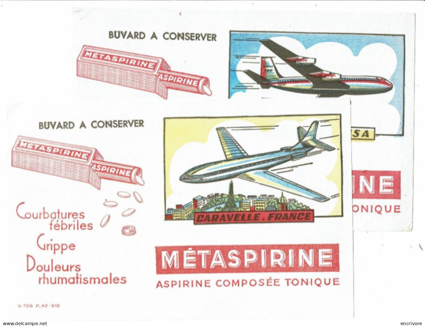 2 Buvard METASPIRINE Avion Aviantion Caravelle France Boing 707 USA - Chemist's