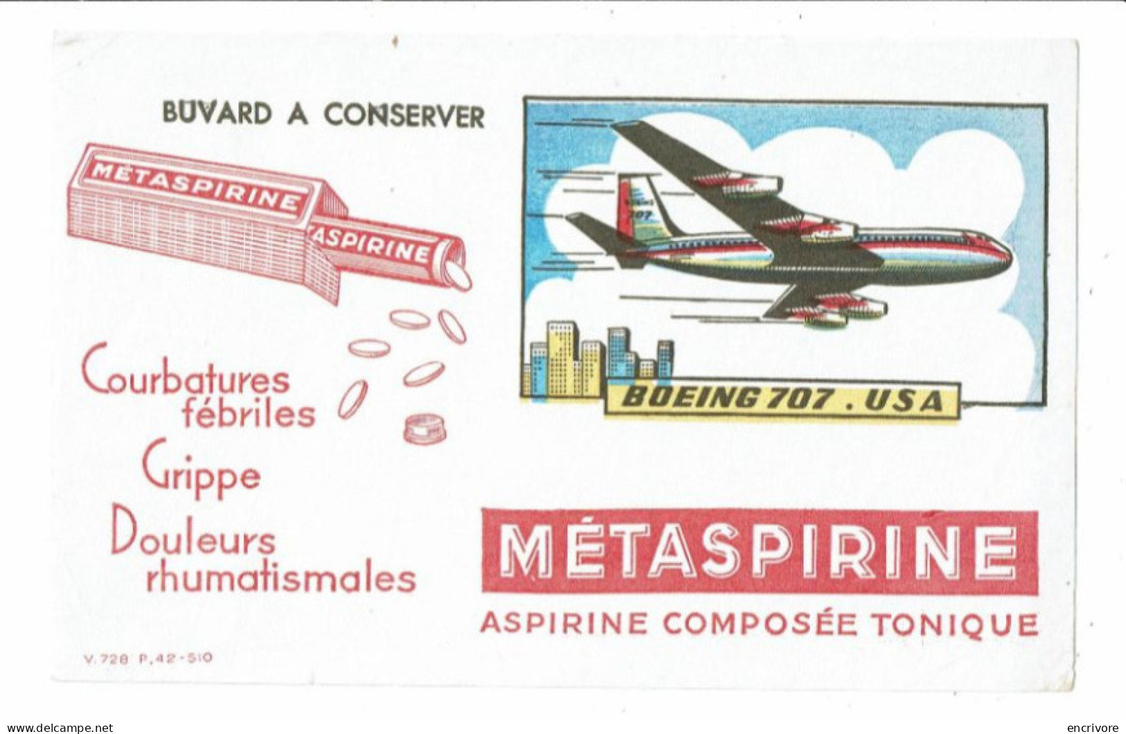 2 Buvard METASPIRINE Avion Aviantion Caravelle France Boing 707 USA - Drogisterij En Apotheek