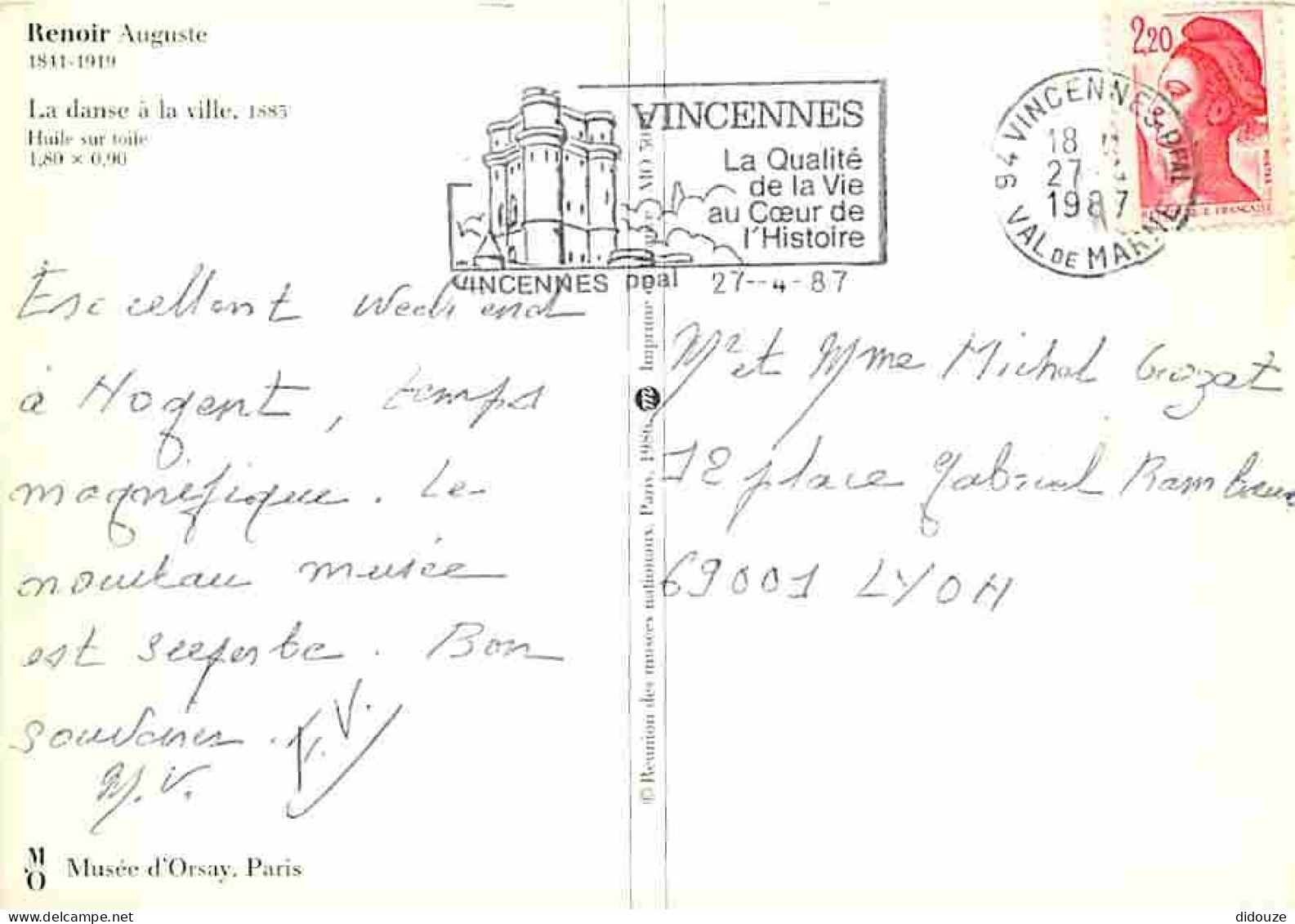 Art - Peinture - Pierre-Auguste Renoir - La Danse à La Ville - Flamme Postale De Vincennes - CPM - Voir Scans Recto-Vers - Malerei & Gemälde