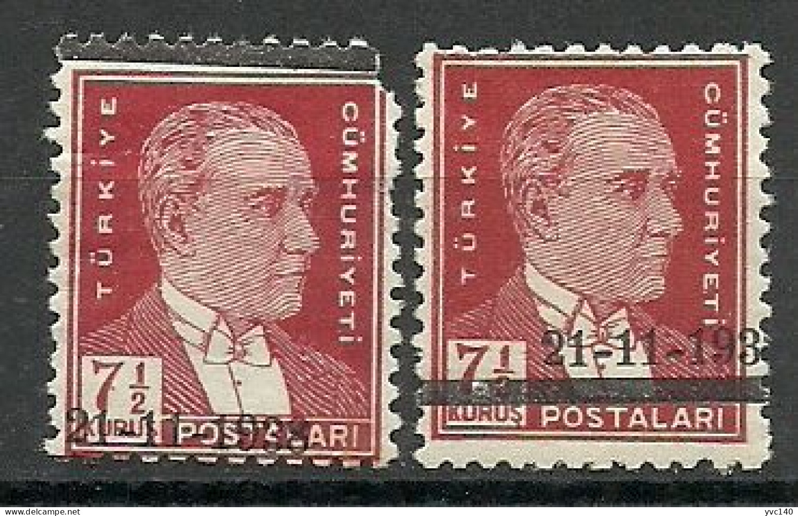 Turkey; 1938 Ataturk Mourning 7 1/2 K. "Misplaced Overprint" ERRORS - Unused Stamps