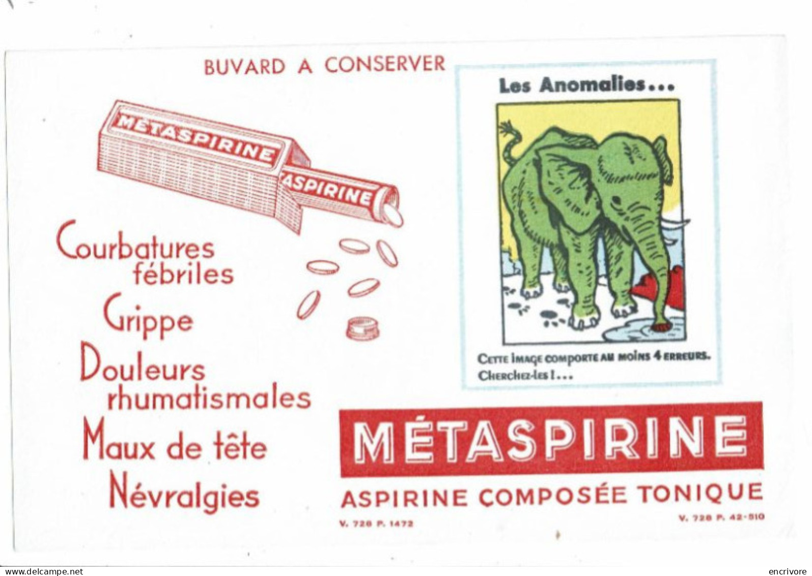 Buvard METASPIRINE ELEPHANT Jeu Anomalies - Produits Pharmaceutiques
