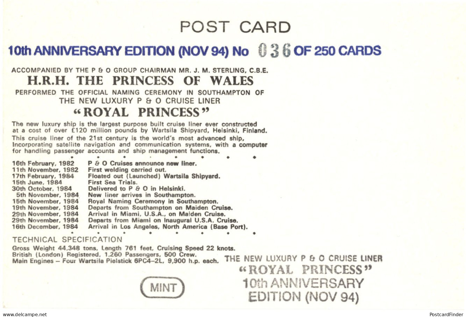 Royal Princess Diana New Luxury Cruise Liner Ship Limited 250 Postcard - Königshäuser