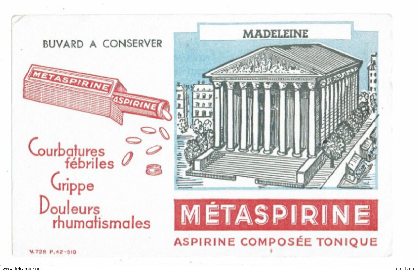 Buvard METASPIRINE Monuments La Madeleine Paris - Chemist's