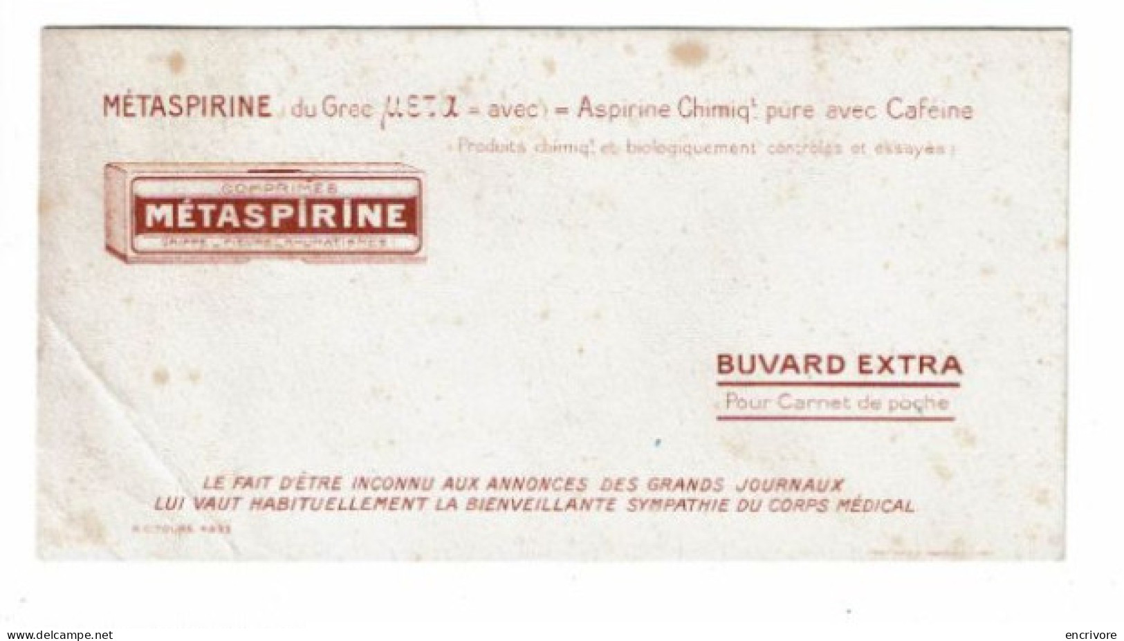 Petit Buvard METASPIRINE Pour Carnet De Poche - Produits Pharmaceutiques