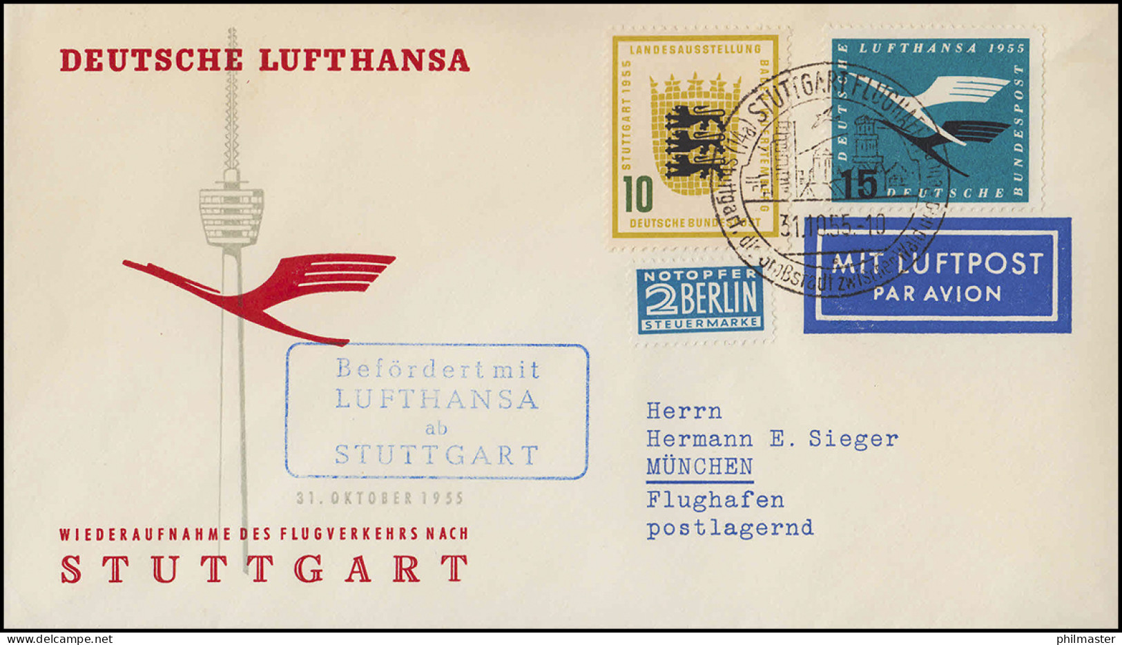 Luftpost Lufthansa Wiederaufnahme Flugverkehr Nach Stuttgart Am 31.10.1955 - First Flight Covers