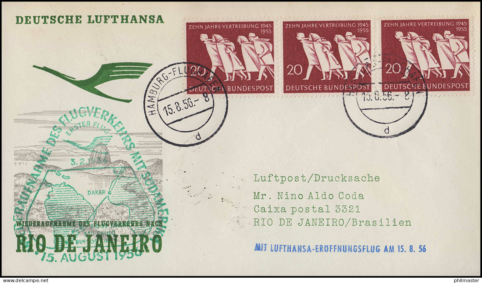 Eröffnungsflug Lufthansa Rio De Janeiro, Hamburg 15.8.1956/ Rio (Brasil) 17.8.56 - Erst- U. Sonderflugbriefe