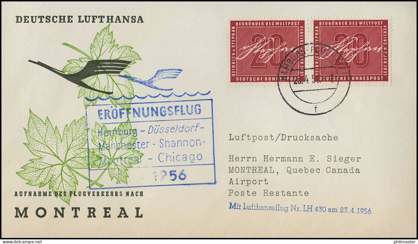 Eröffnungsflug Lufthansa LH 430 Montreal, München 23.4.1956 / Montreal 15.5.56 - Erst- U. Sonderflugbriefe